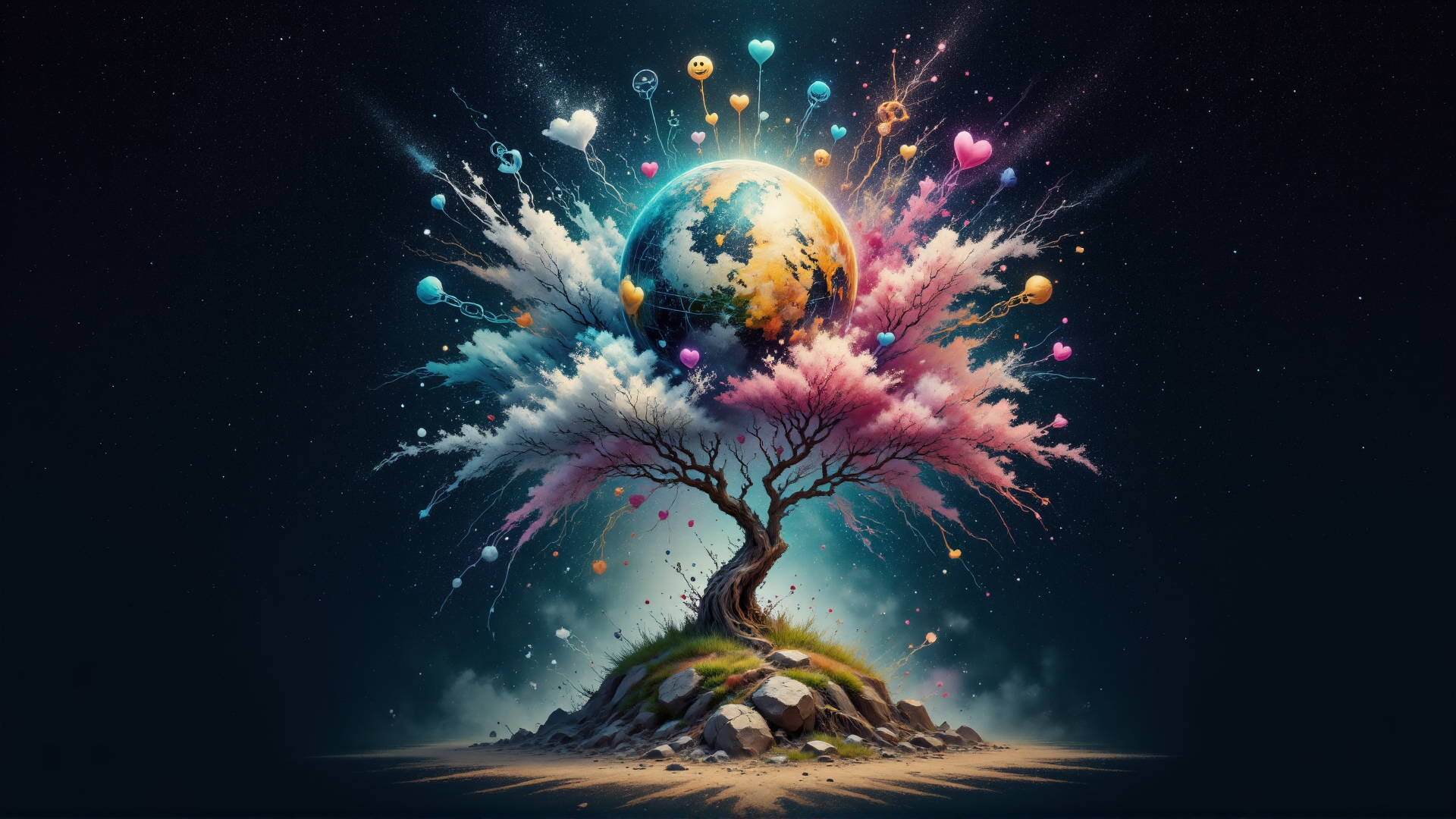 AI generated wallpaper featuring tree, earth, balloons, clouds, heart