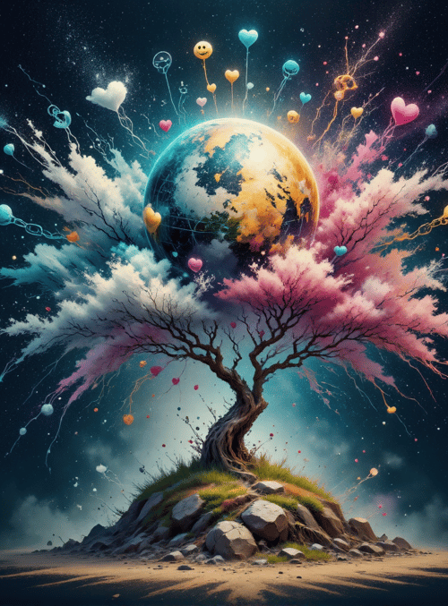 tree, earth, balloons, clouds, heart