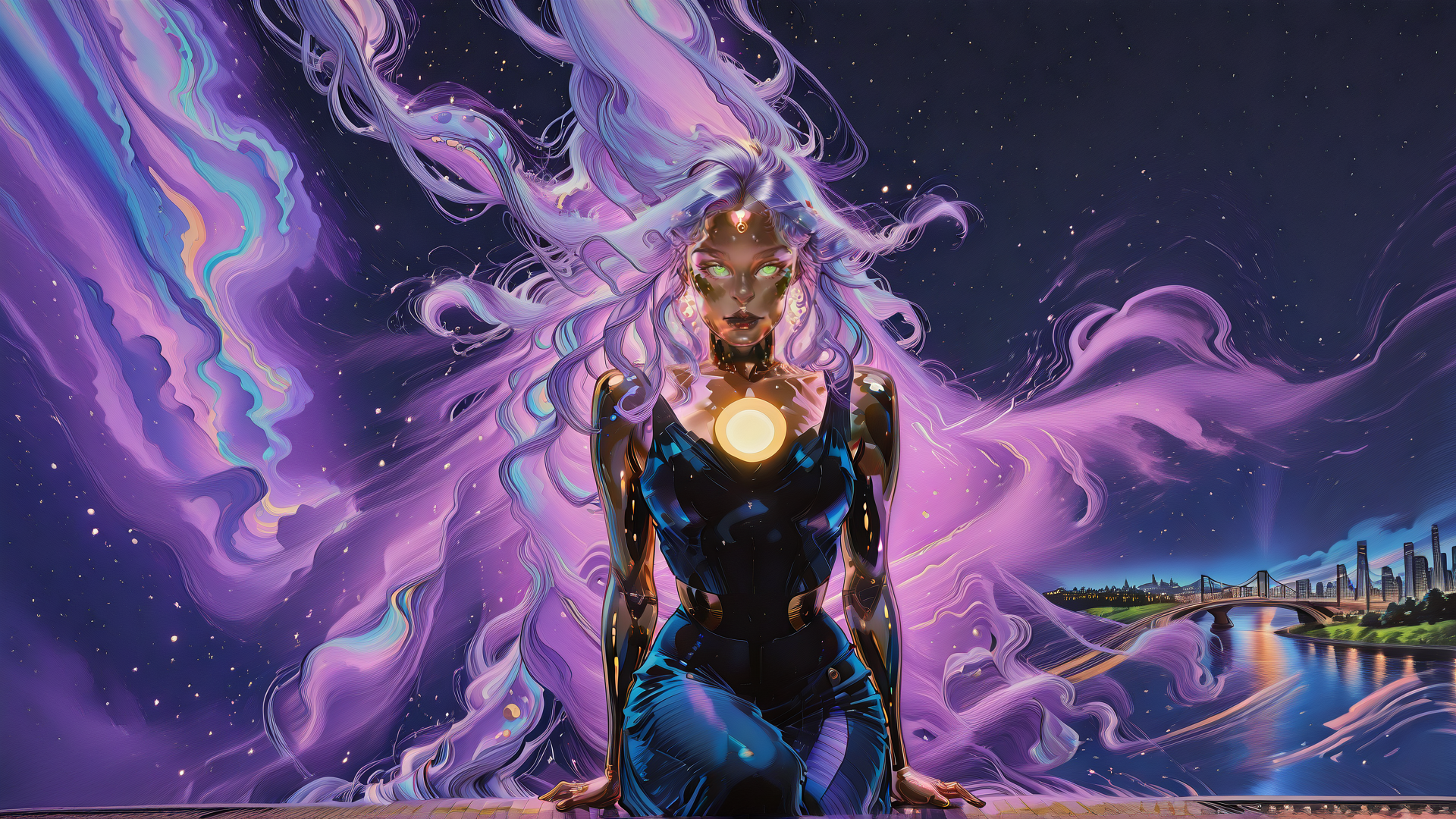 AI generated wallpaper featuring cyborg, woman, aurora, hair, cityscape, bridge