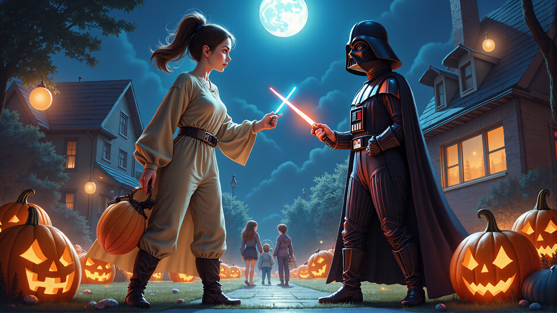 AI generated wallpaper featuring girl, Darth Vader, pumpkins, children, houses, moon, lightsaber, jack-o'-lanterns, lanterns, street