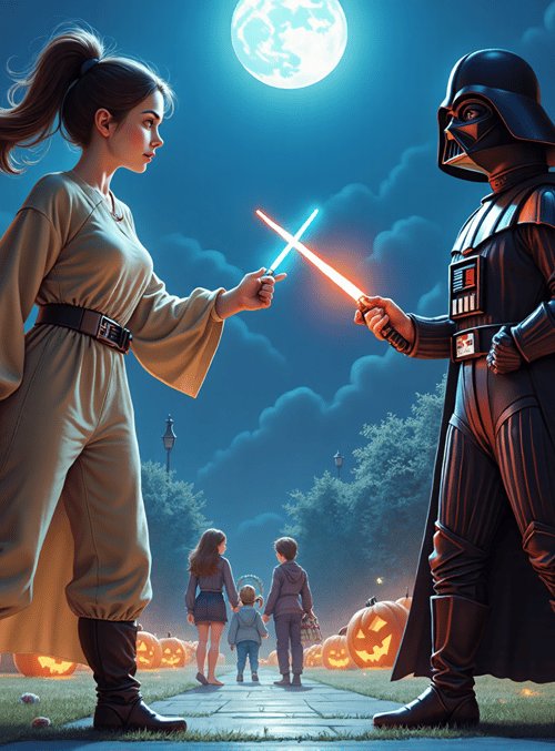girl, Darth Vader, pumpkins, children, houses, moon, lightsaber, jack-o'-lanterns, lanterns, street