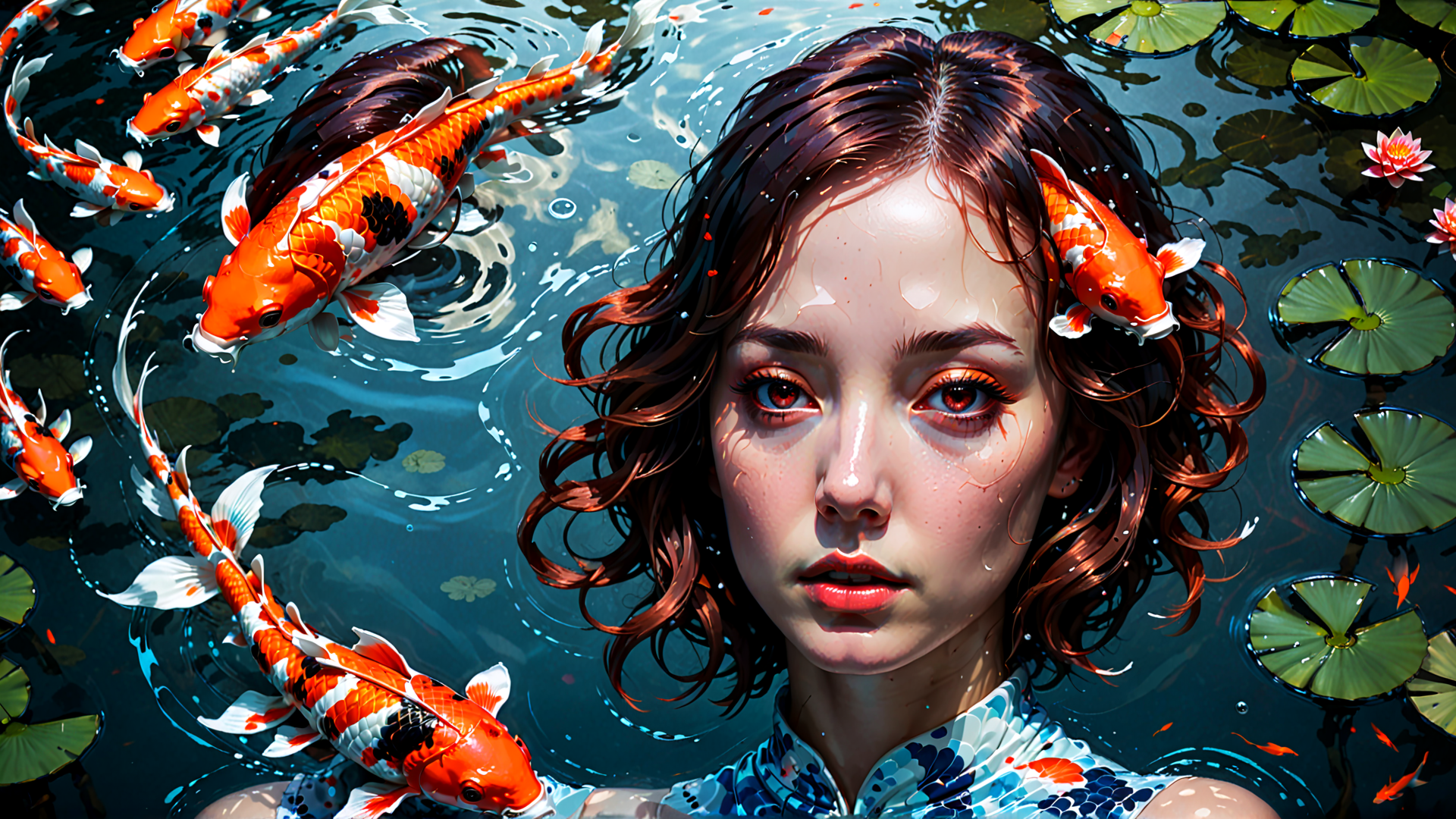 AI generated wallpaper featuring woman, koi fish, lotus, water, lily pad