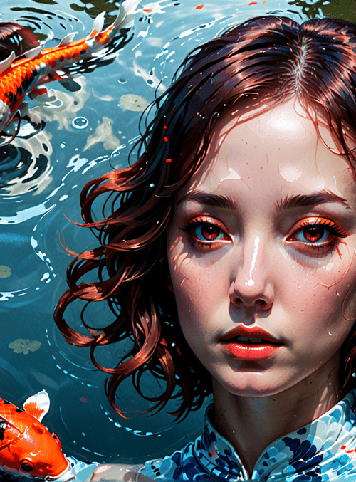 woman, koi fish, lotus, water, lily pad