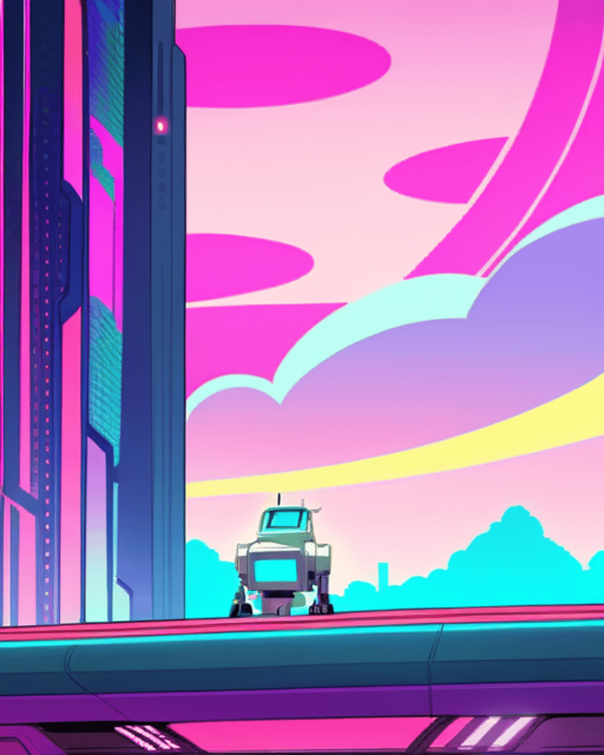 AI generated wallpaper featuring robot, cityscape, sky