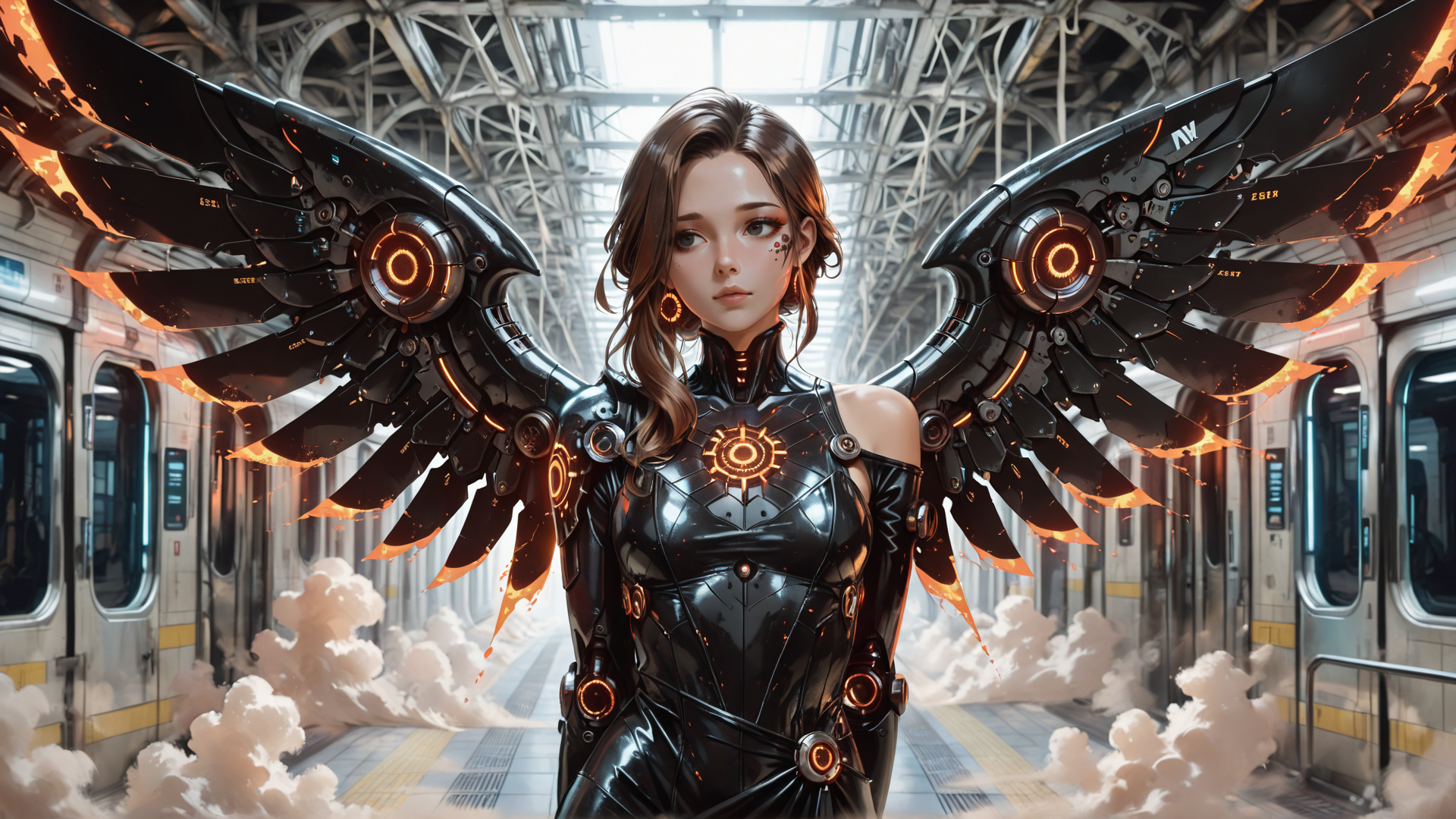 AI generated wallpaper featuring cyborg, wings, woman, train, clouds