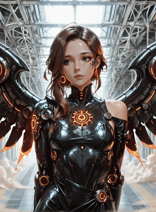 cyborg, wings, woman, train, clouds