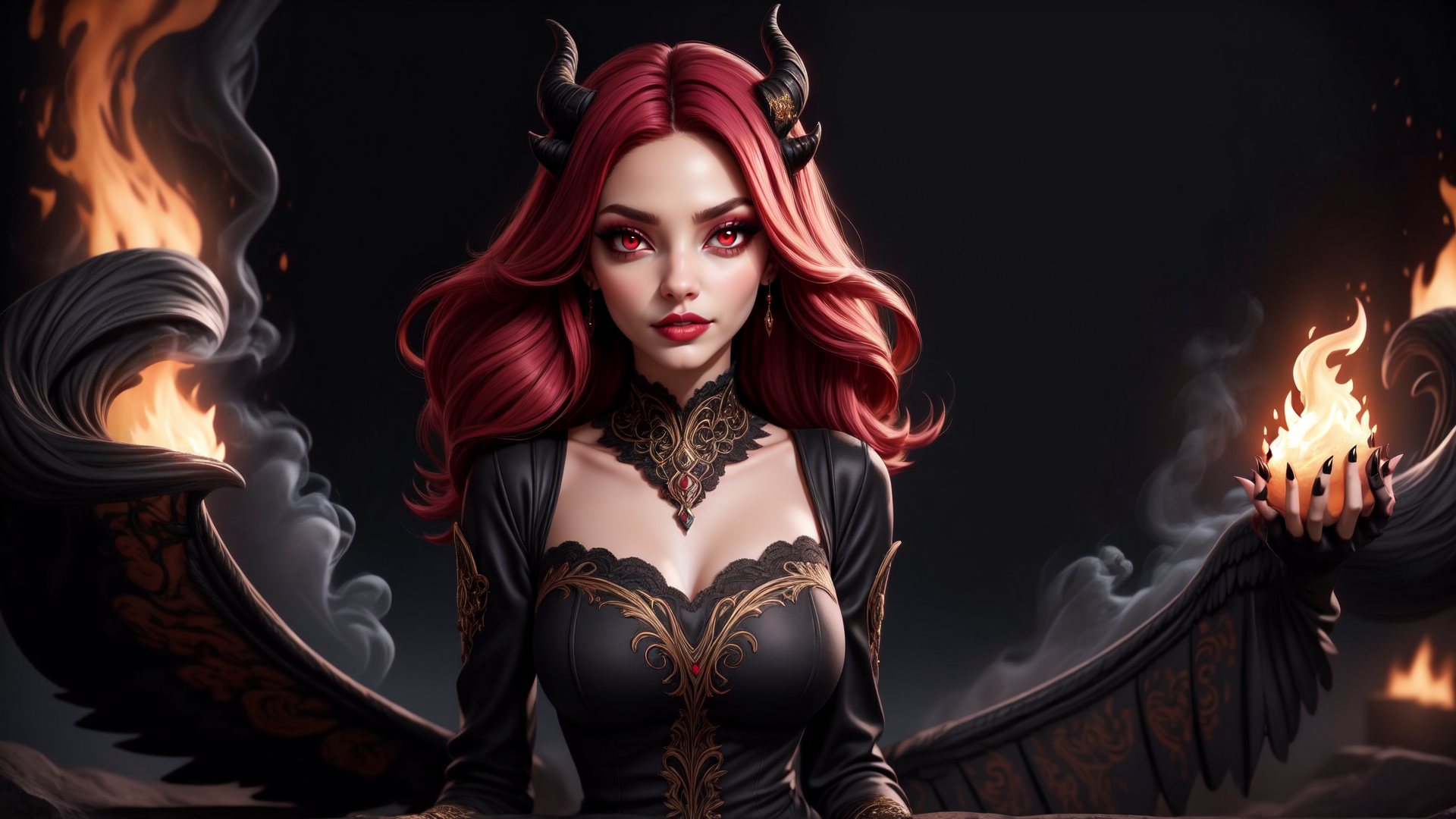 AI generated wallpaper featuring woman, devil, fire, wings, horn, nail