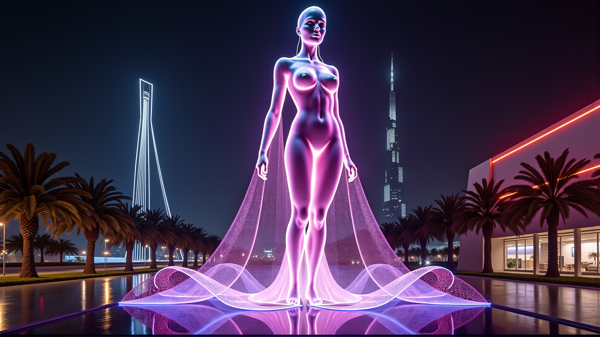 AI generated wallpaper featuring human, silhouette, digital, art, cityscape, skyscraper, palm tree, neon, futuristic, installation