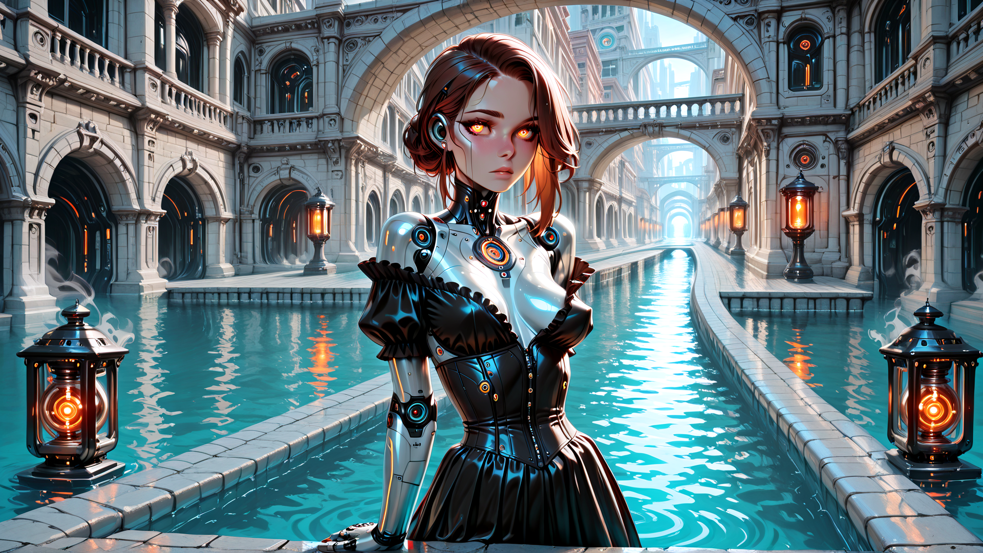 AI generated wallpaper featuring cyborg, woman, canyon, lantern, arch