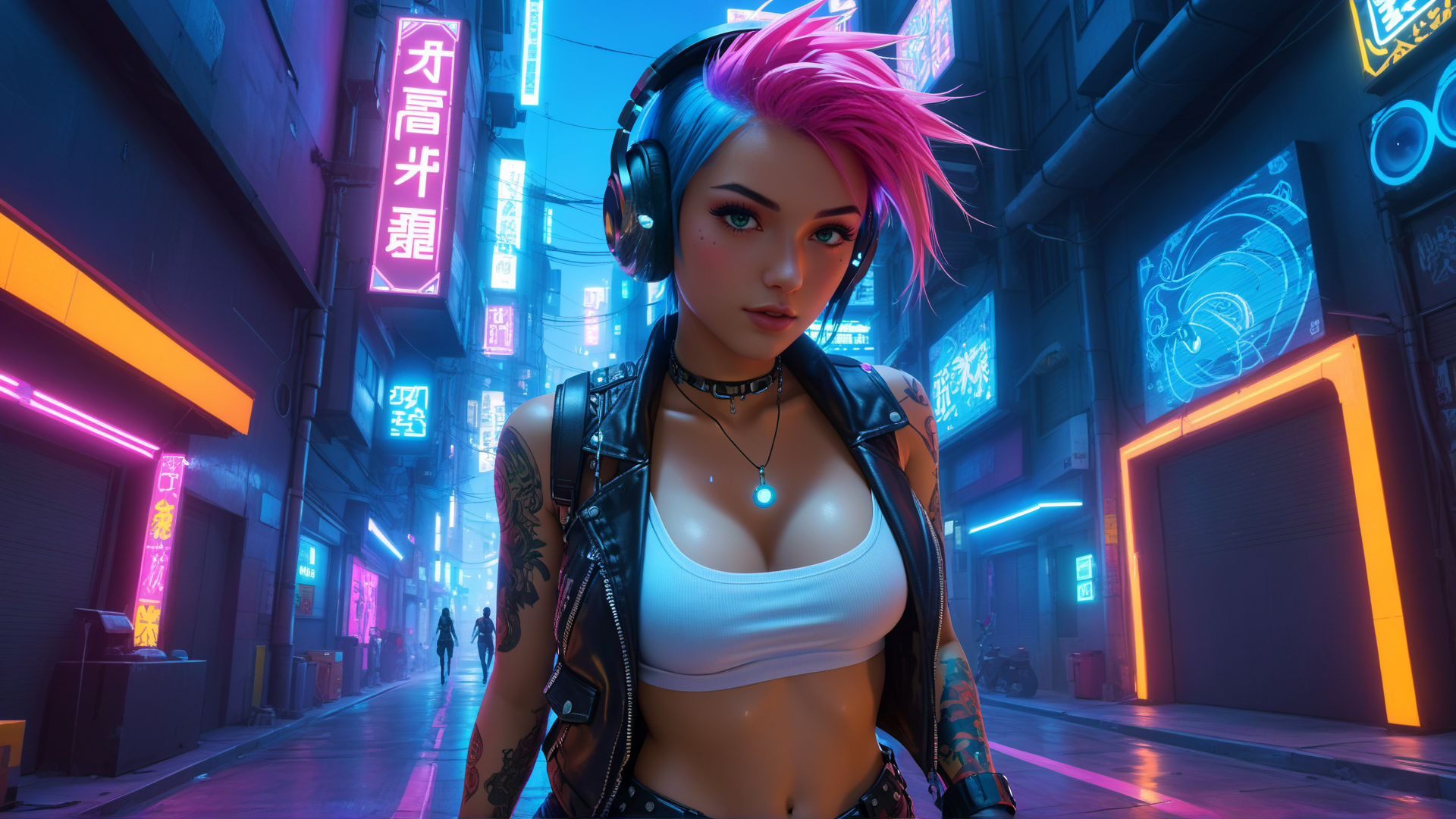 AI generated wallpaper featuring woman, cyberpunk, street