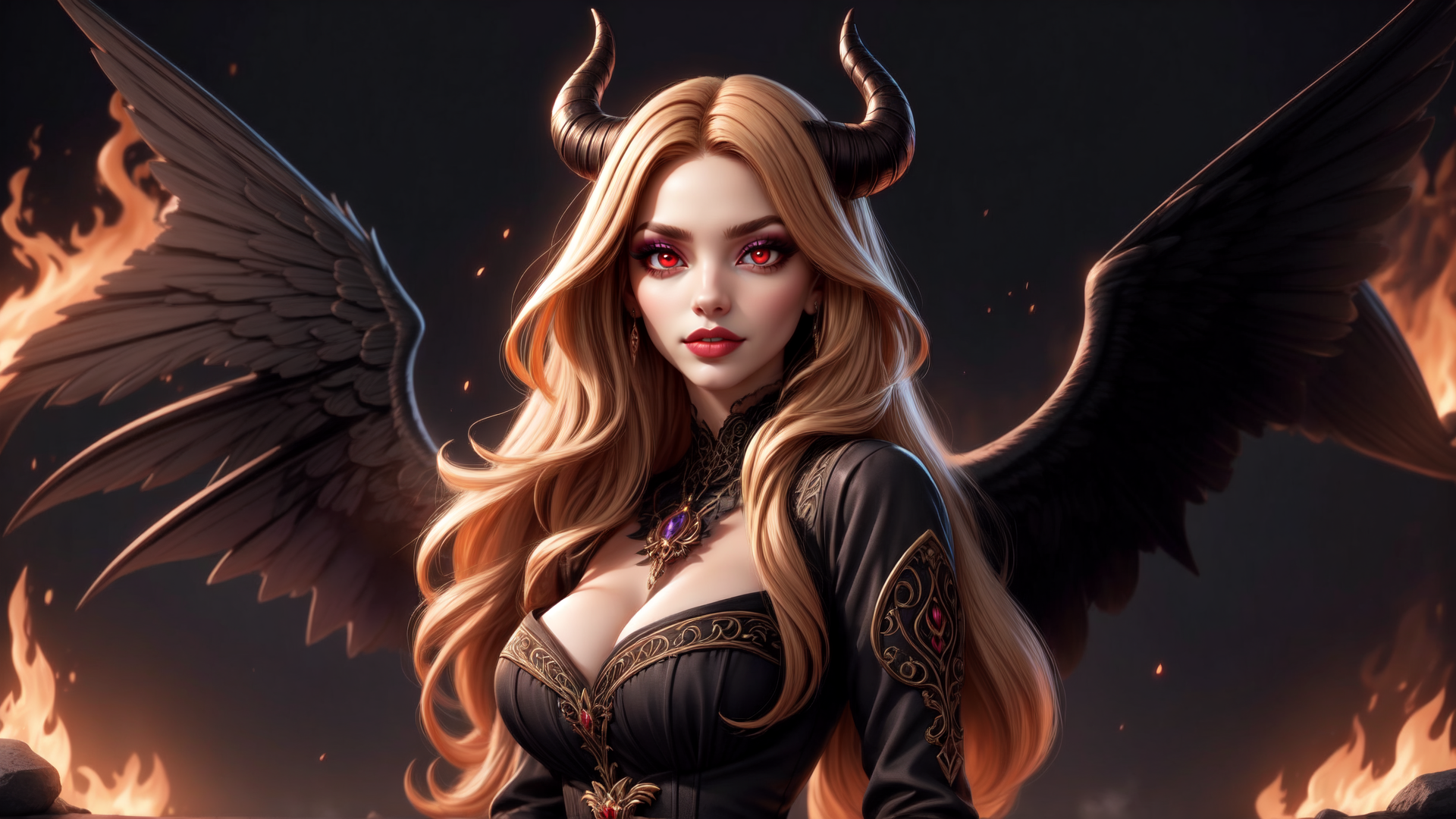 AI generated wallpaper featuring demon, winged, horned, woman, angel, fire