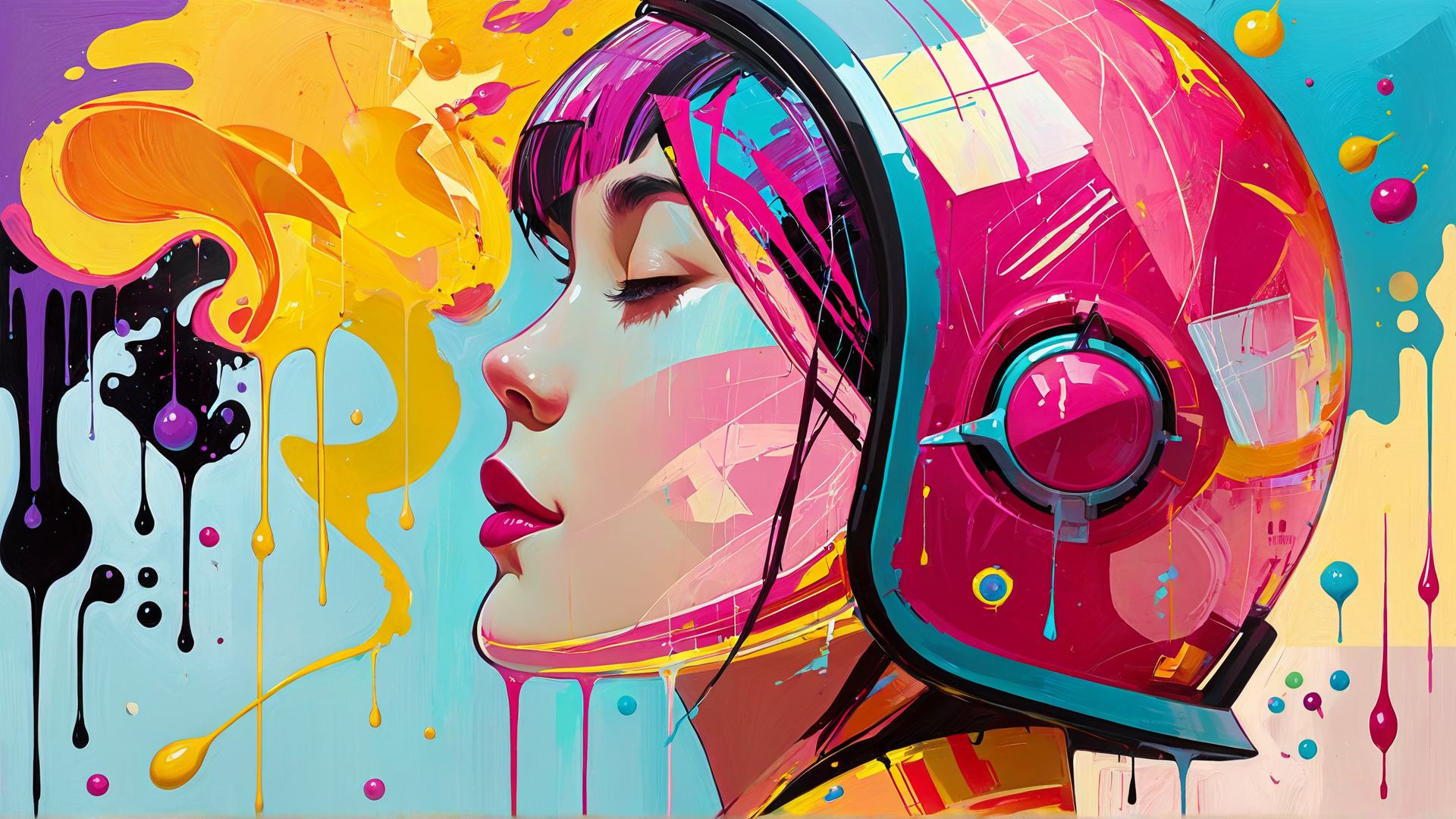 AI generated wallpaper featuring woman, helmet, paint, splat, liquid, robot, art