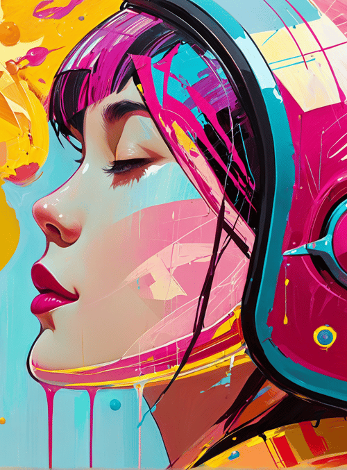 woman, helmet, paint, splat, liquid, robot, art