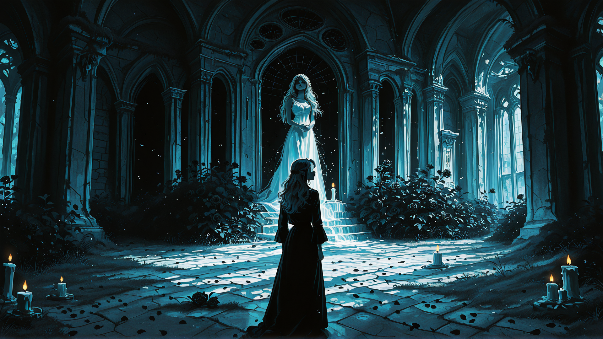 AI generated wallpaper featuring woman, candle, roses, church, dress, cathedral, stone, arch, fountain