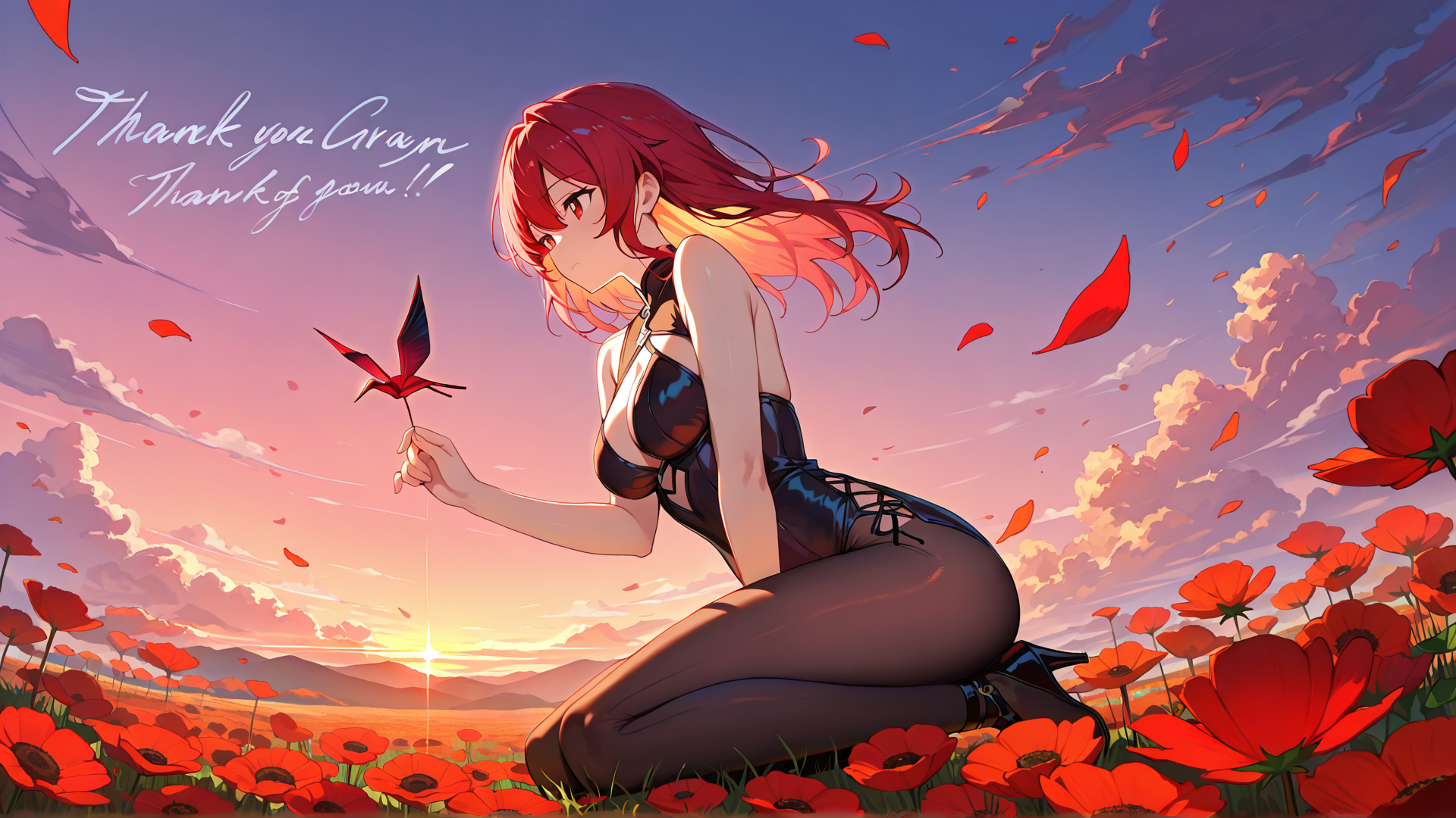 AI generated wallpaper featuring anime girl, red flower, butterfly