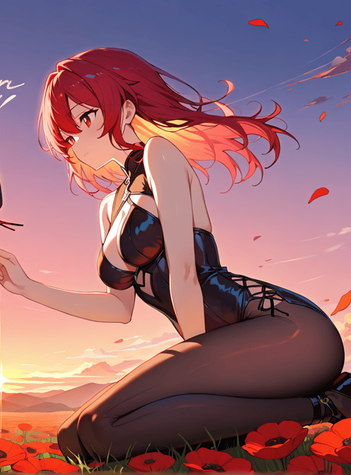 anime girl, red flower, butterfly