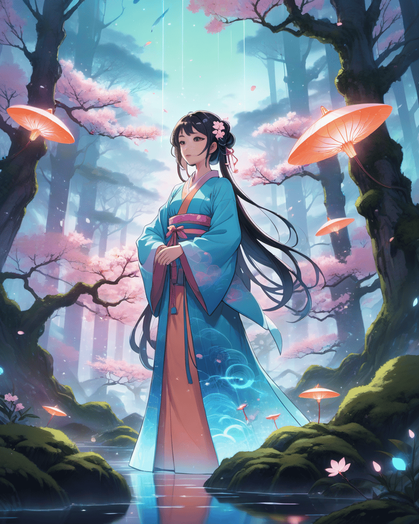 AI generated wallpaper featuring woman, sakura, umbrella