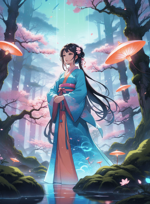 woman, sakura, umbrella