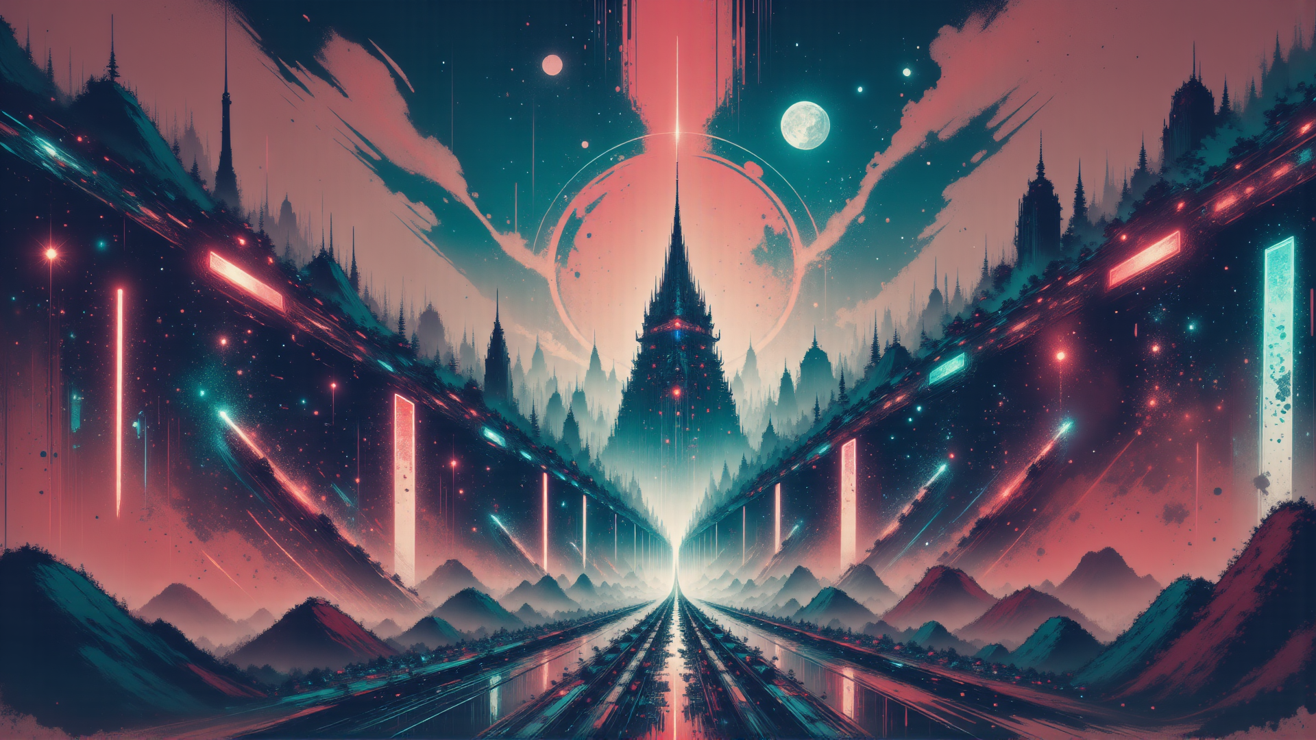 AI generated wallpaper featuring city, castle, mountain, road, sky, tower, light, moon, star, bridge