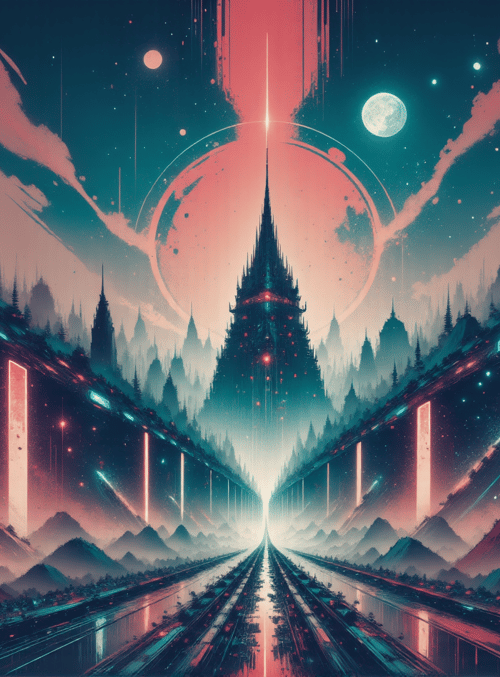 city, castle, mountain, road, sky, tower, light, moon, star, bridge