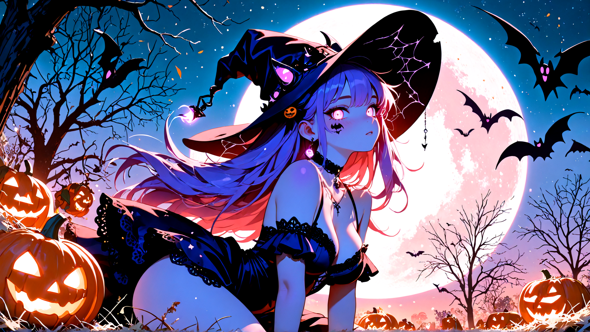 AI generated wallpaper featuring witch, pumpkin, bat, moon, tree, halloween