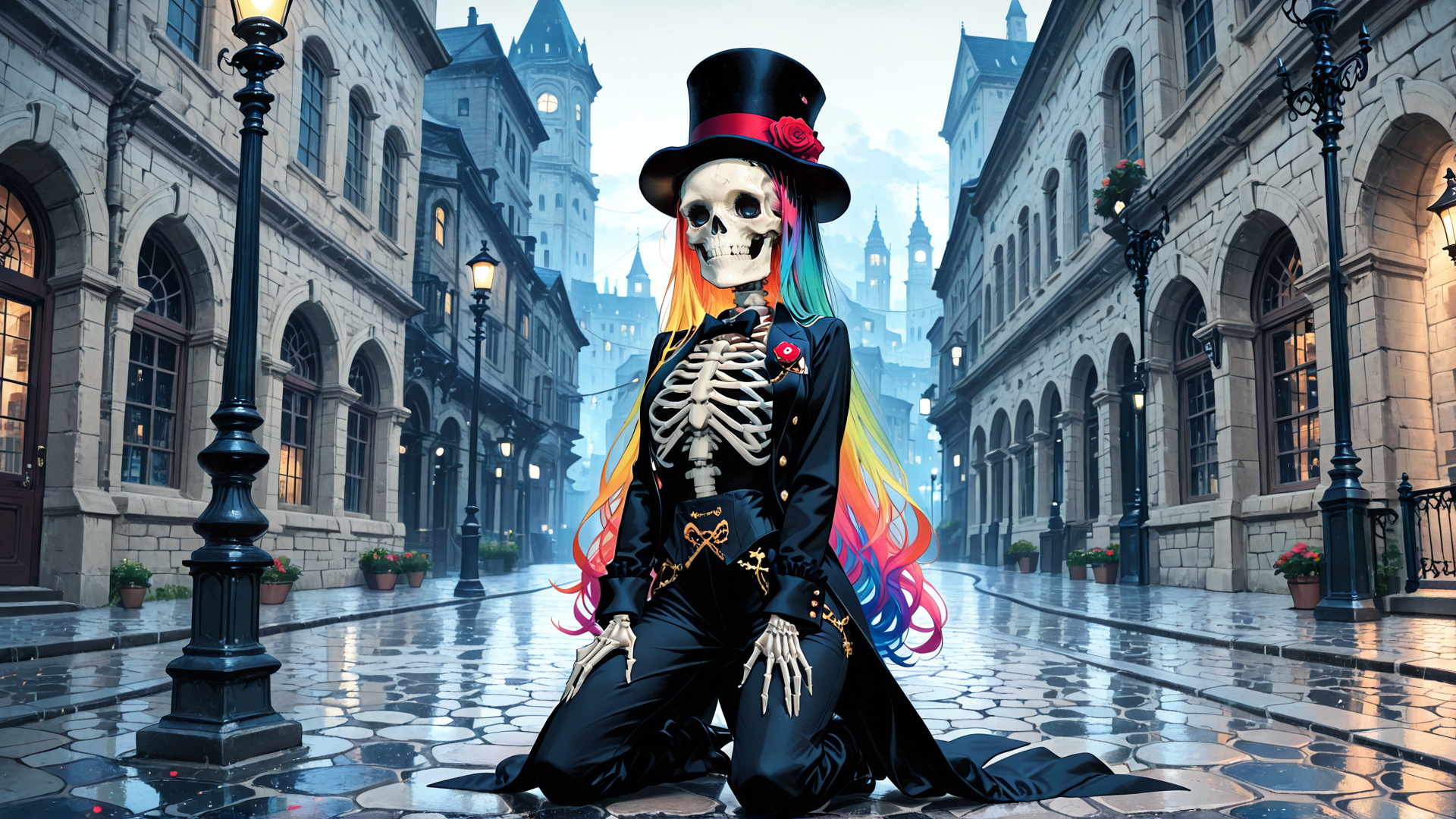 AI generated wallpaper featuring skeleton, top hat, rainbow hair, uniform, street