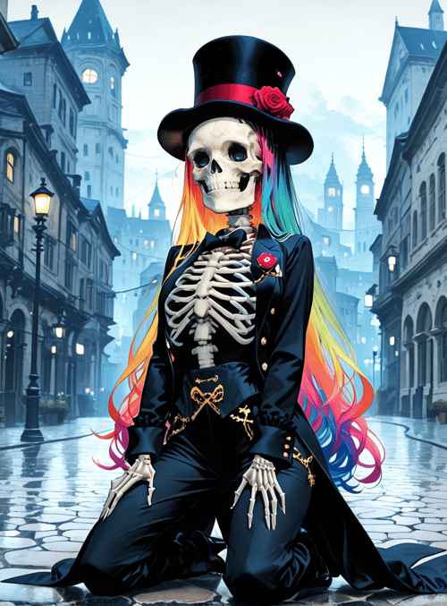 skeleton, top hat, rainbow hair, uniform, street