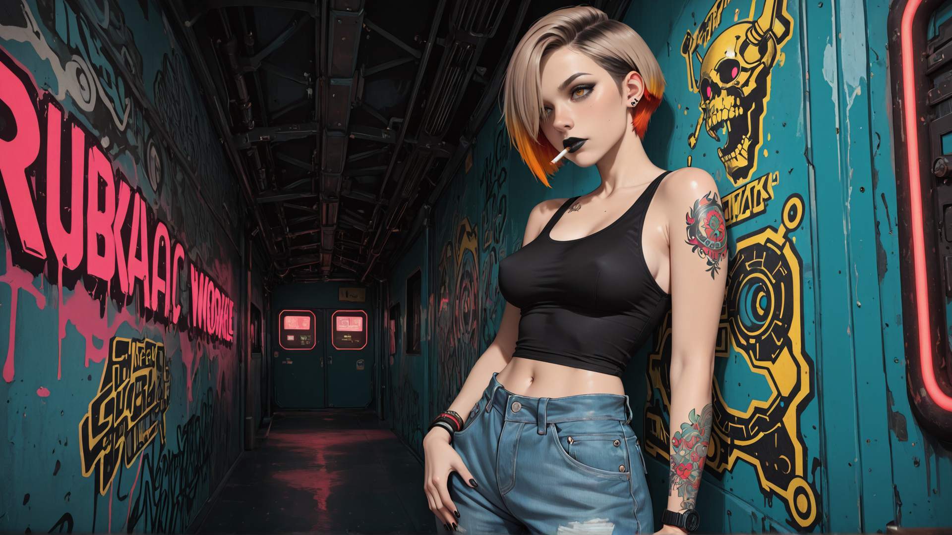 AI generated wallpaper featuring woman, graffiti, skull, tattoo, jeans, cigarette, neon, corridor, backpack, skateboard