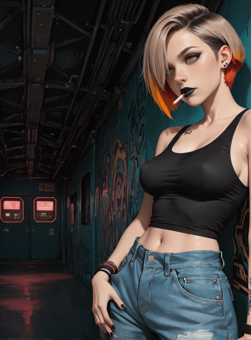 woman, graffiti, skull, tattoo, jeans, cigarette, neon, corridor, backpack, skateboard