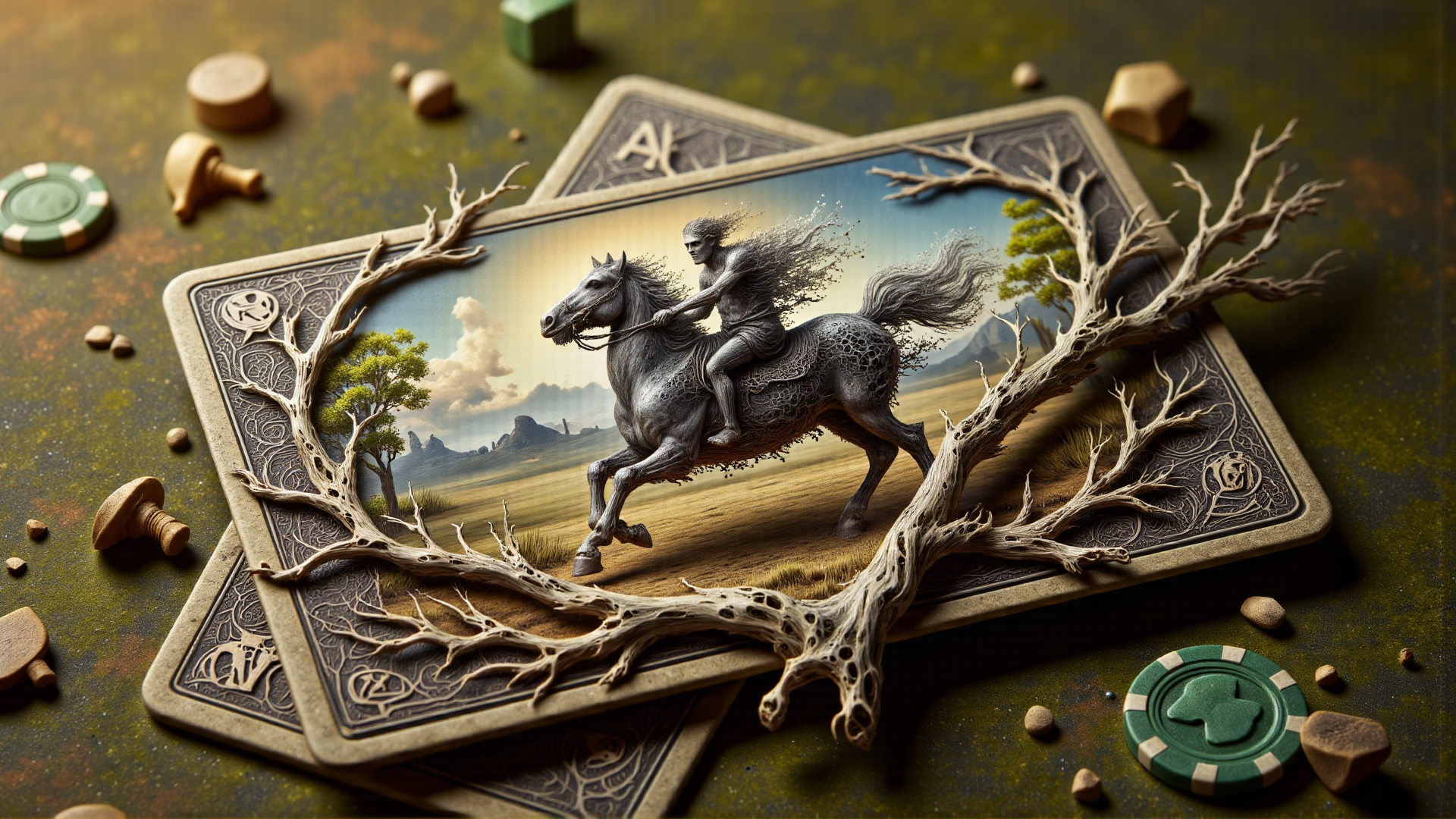 AI generated wallpaper featuring tarot card, horse, tree