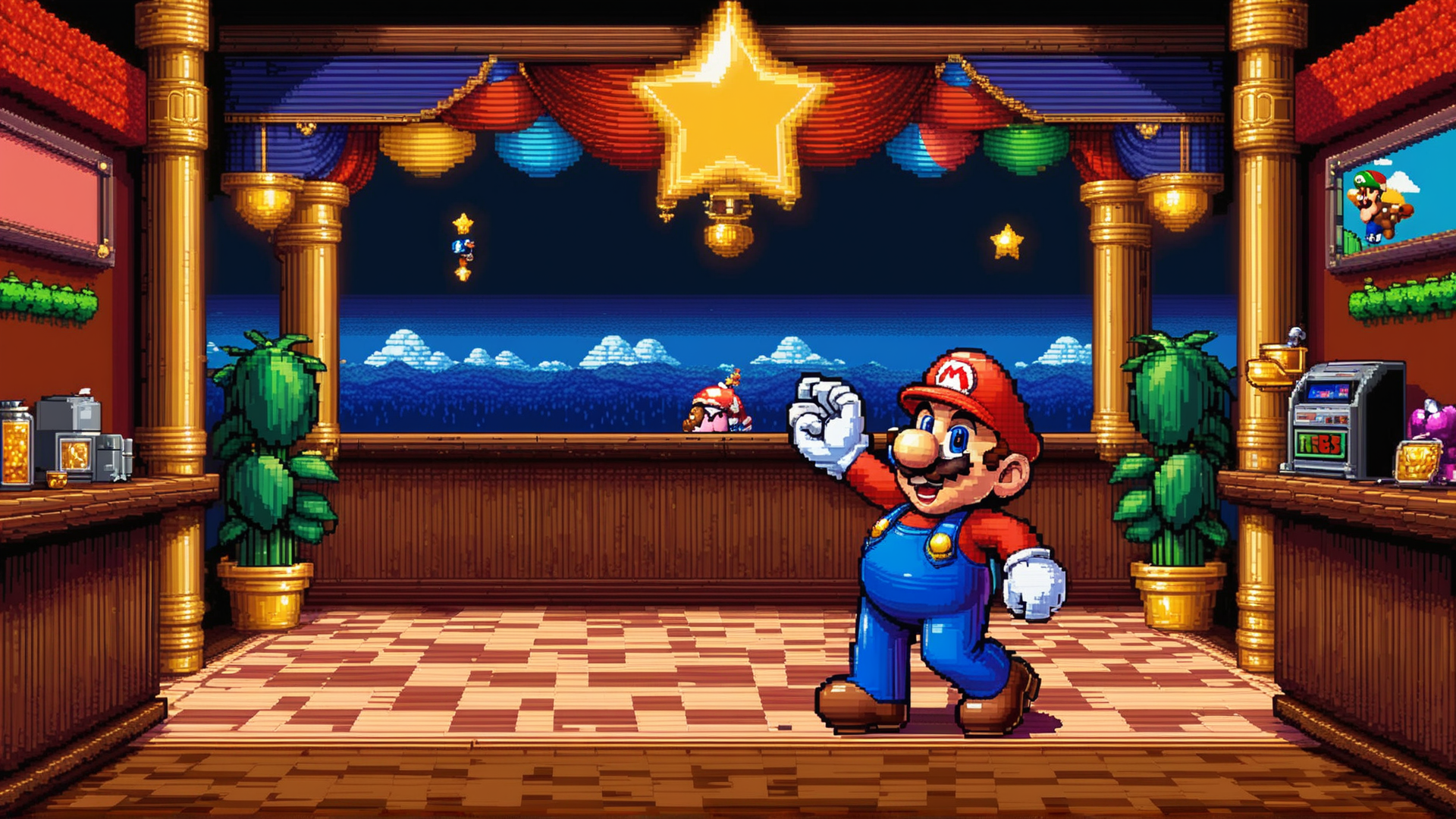 AI generated wallpaper featuring mario, star, stage