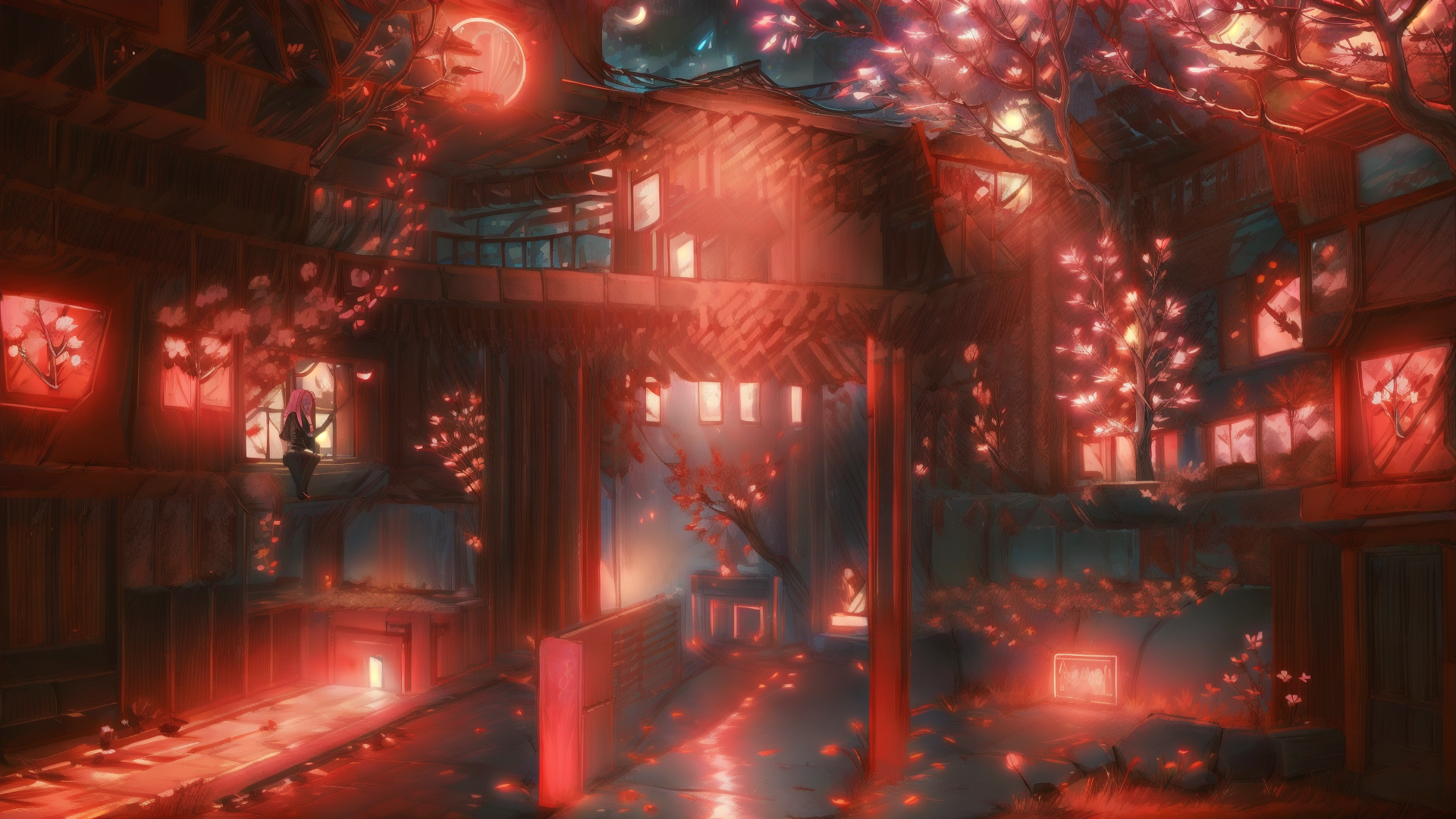 AI generated wallpaper featuring girl, house, trees