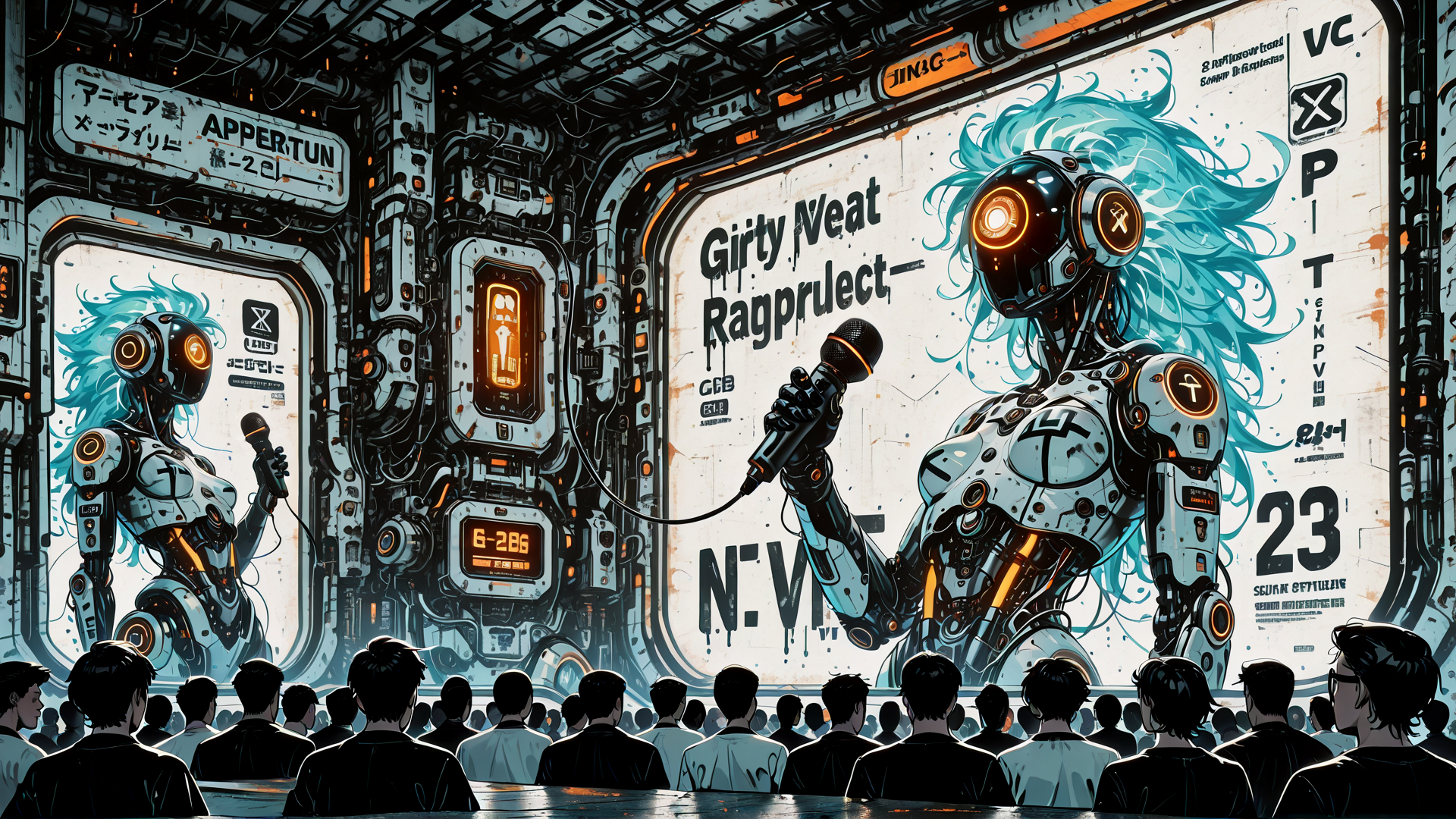 AI generated wallpaper featuring robot, audience, microphone, poster, industrial, sign, door, hair, crowd, goggles