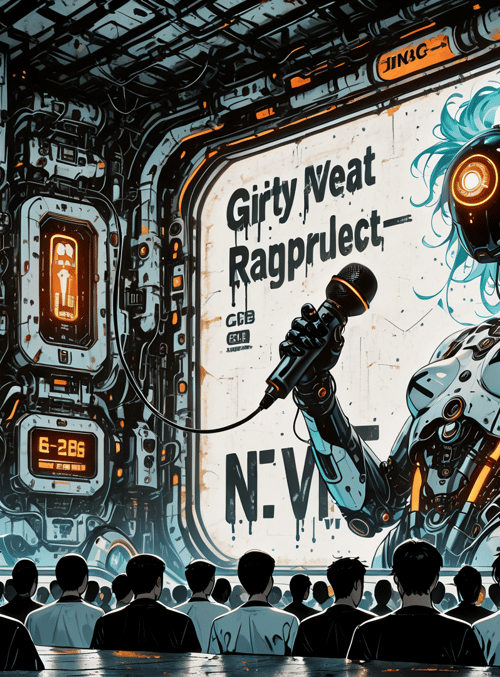 robot, audience, microphone, poster, industrial, sign, door, hair, crowd, goggles