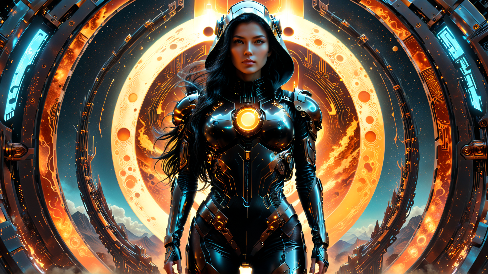 AI generated wallpaper featuring woman, cyborg, armor, helmet, solar, ring, technology
