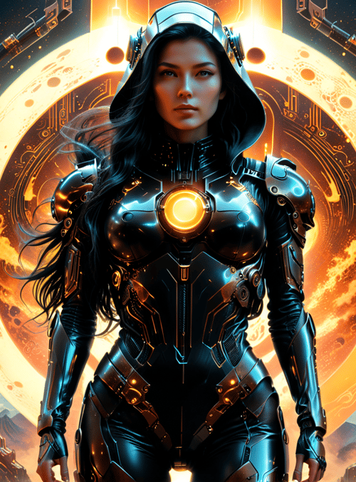 woman, cyborg, armor, helmet, solar, ring, technology