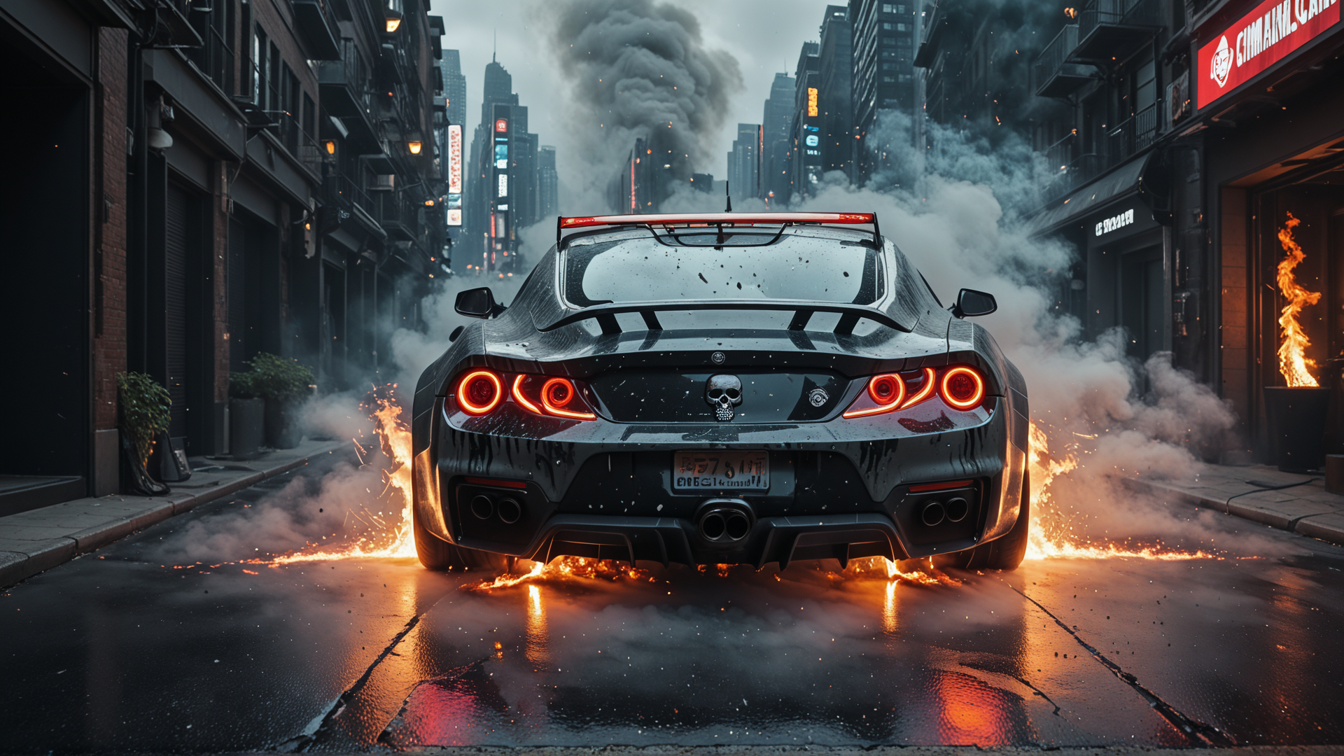 AI generated wallpaper featuring supercar, city street