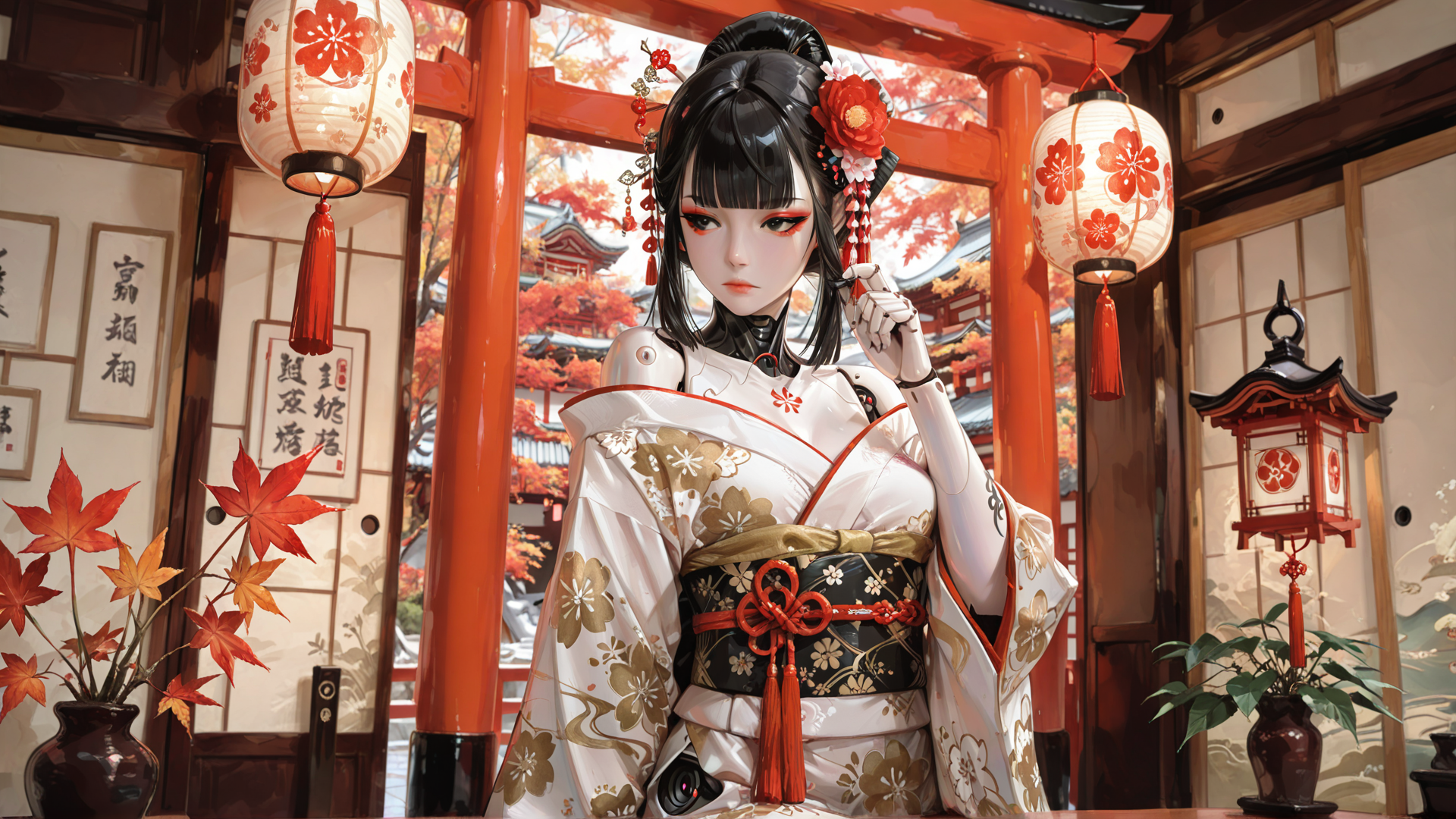AI generated wallpaper featuring robot, geisha, lantern, kimono, maple leaf, building, flower, vase, lantern, sash