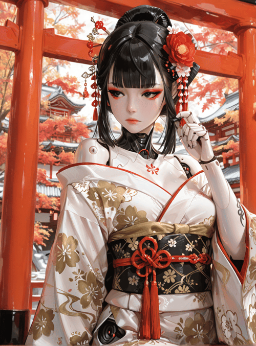 robot, geisha, lantern, kimono, maple leaf, building, flower, vase, lantern, sash