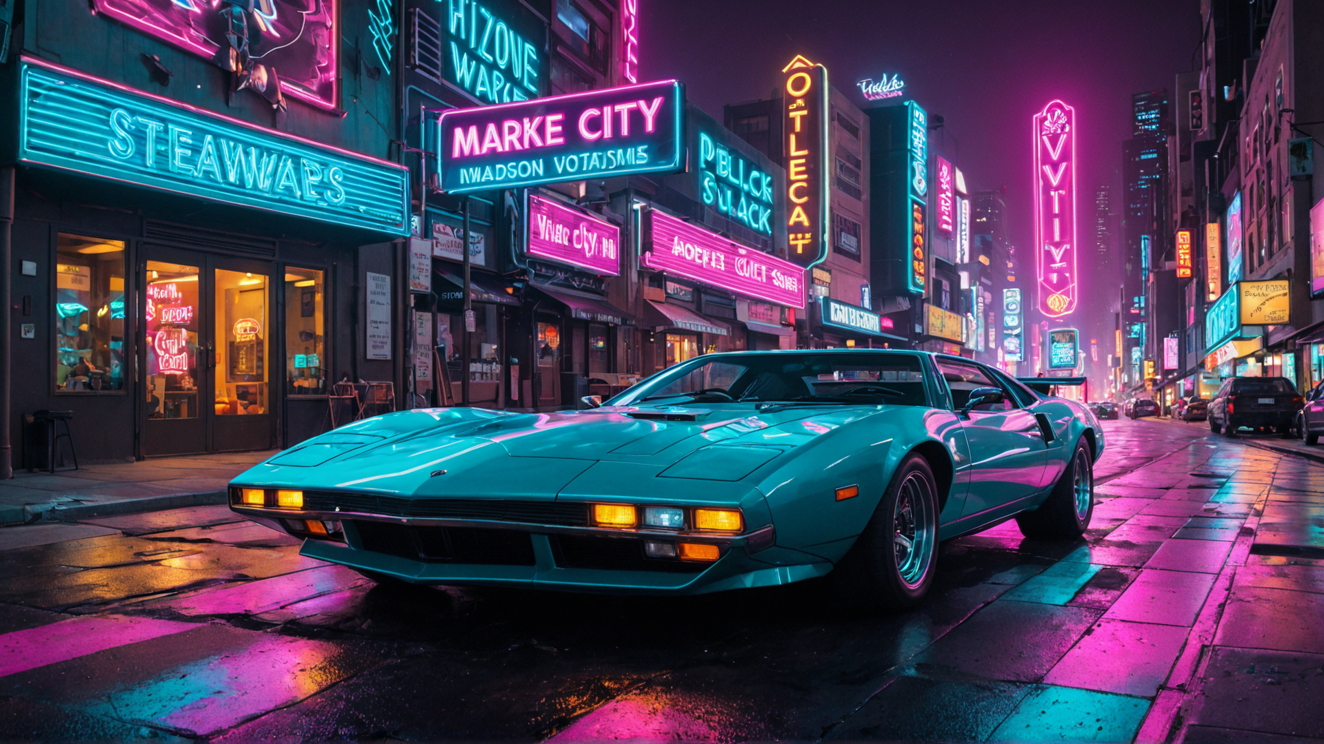 AI generated wallpaper featuring car, neon, city
