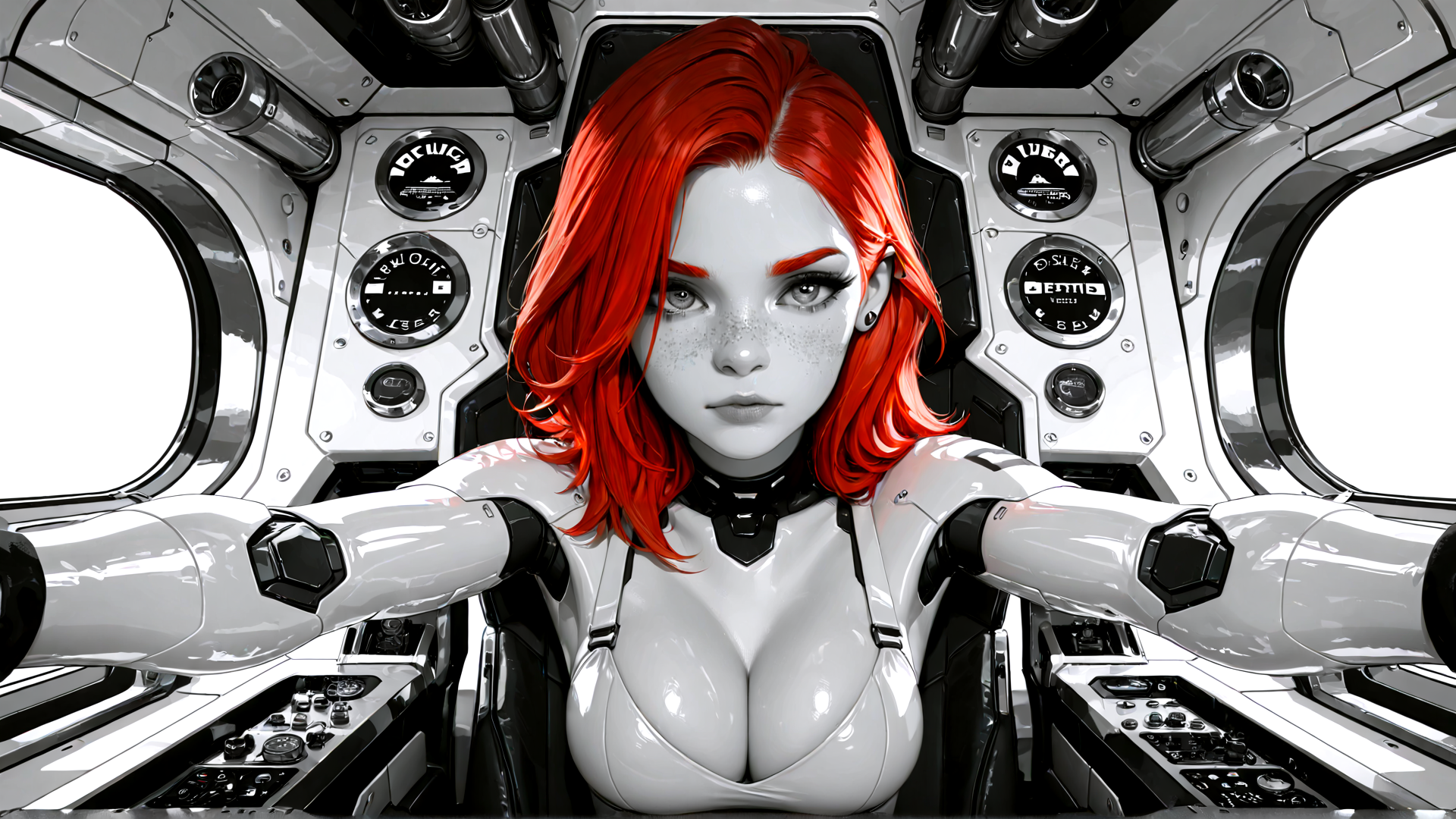 AI generated wallpaper featuring woman, robot, pilot, cockpit, gloves, gauges