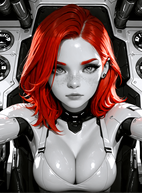 woman, robot, pilot, cockpit, gloves, gauges