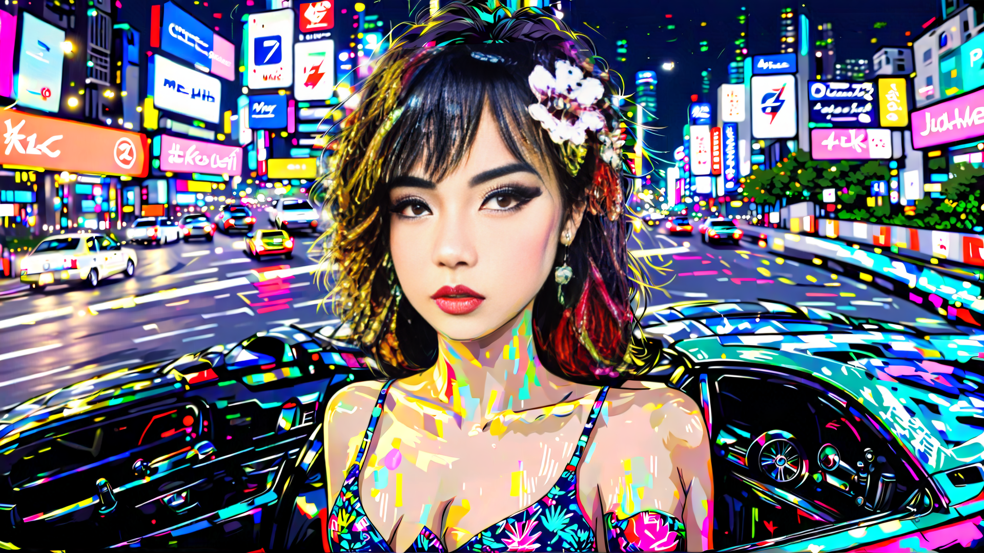 AI generated wallpaper featuring woman, car, city