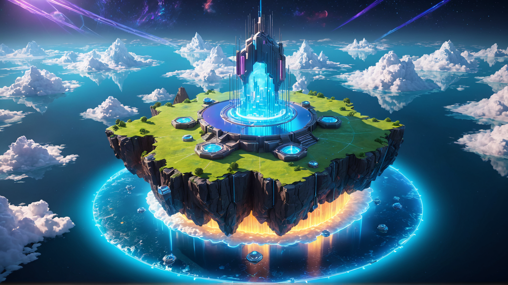 AI generated wallpaper featuring floating island, futuristic city, energy core