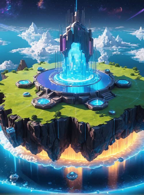 floating island, futuristic city, energy core