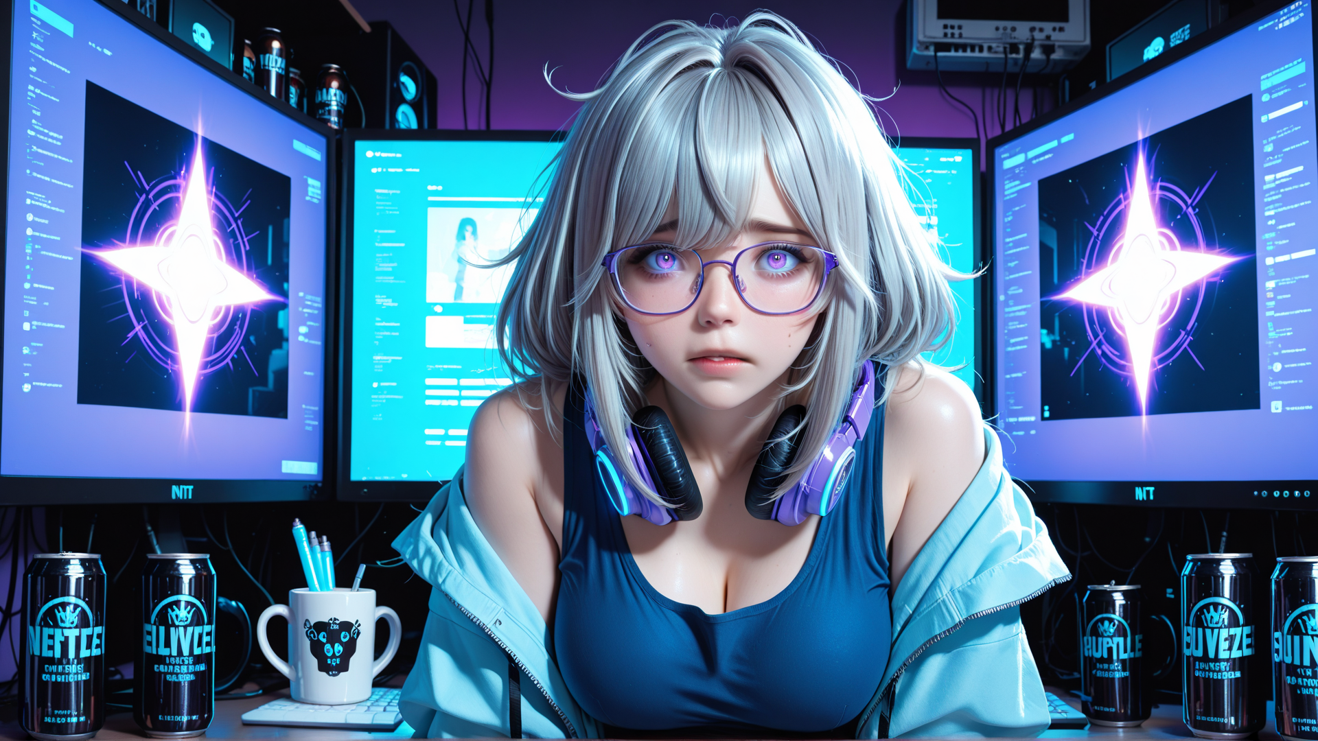 AI generated wallpaper featuring girl, gamer, headphones, monitor, cans, cup, jacket, tanktop, glasses, computer