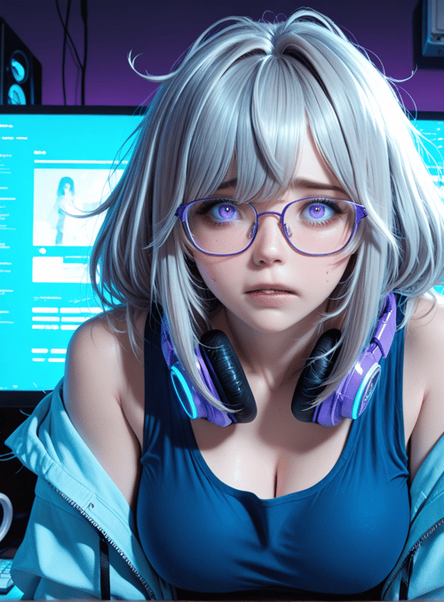 girl, gamer, headphones, monitor, cans, cup, jacket, tanktop, glasses, computer