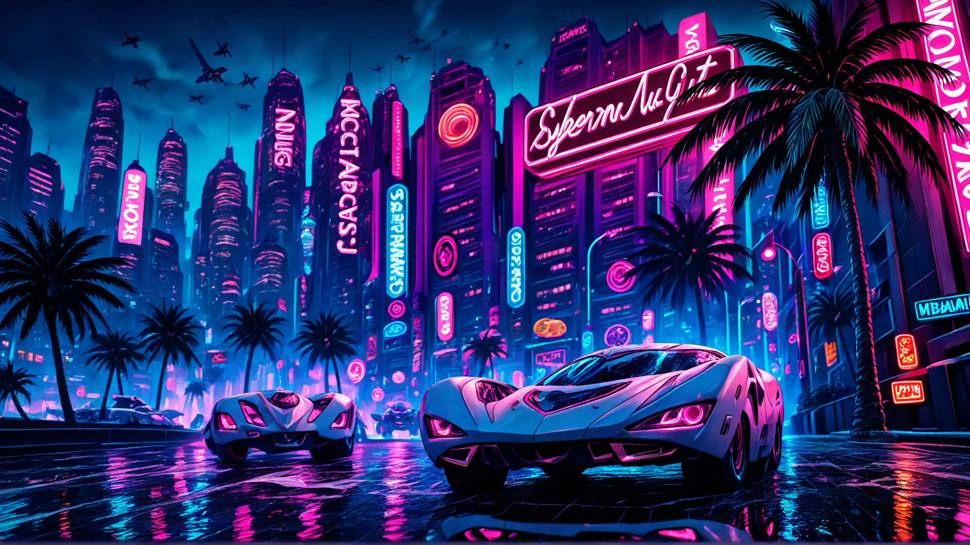 AI generated wallpaper featuring cars, city, palm trees