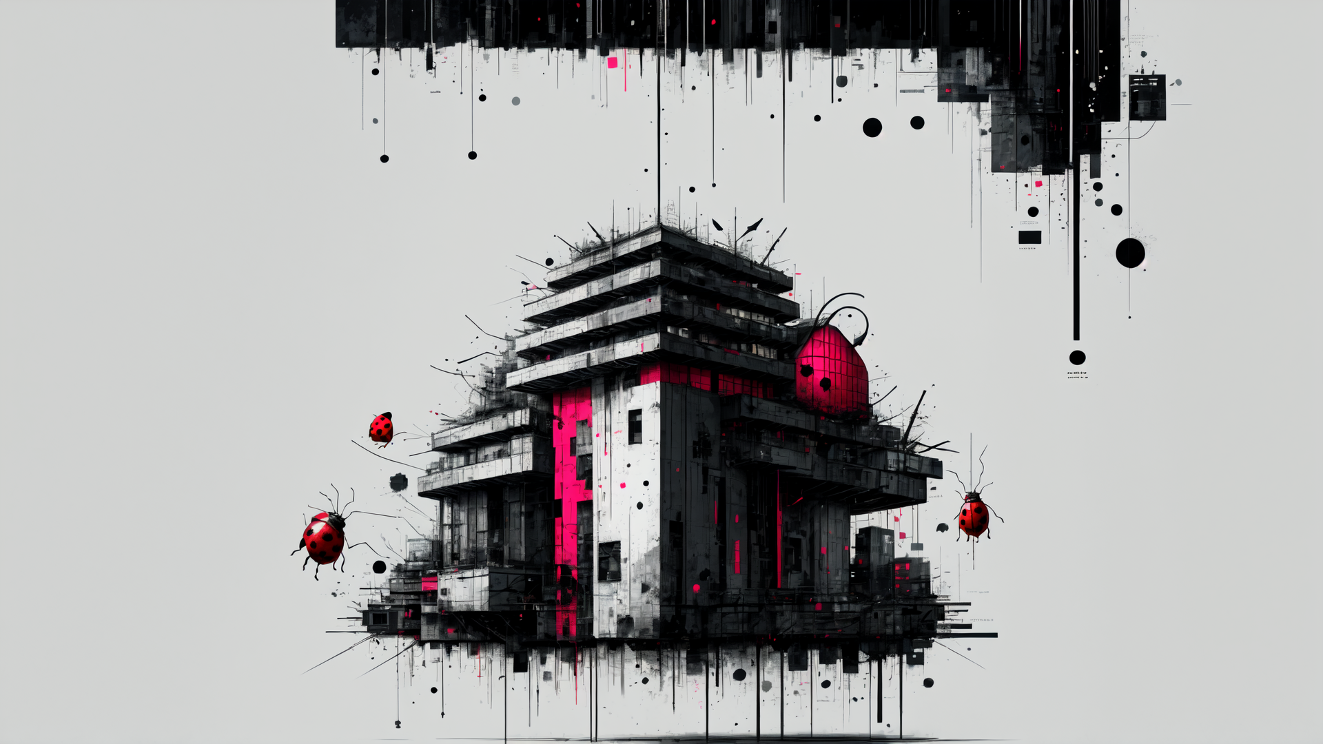 AI generated wallpaper featuring building, ladybug, cityscape