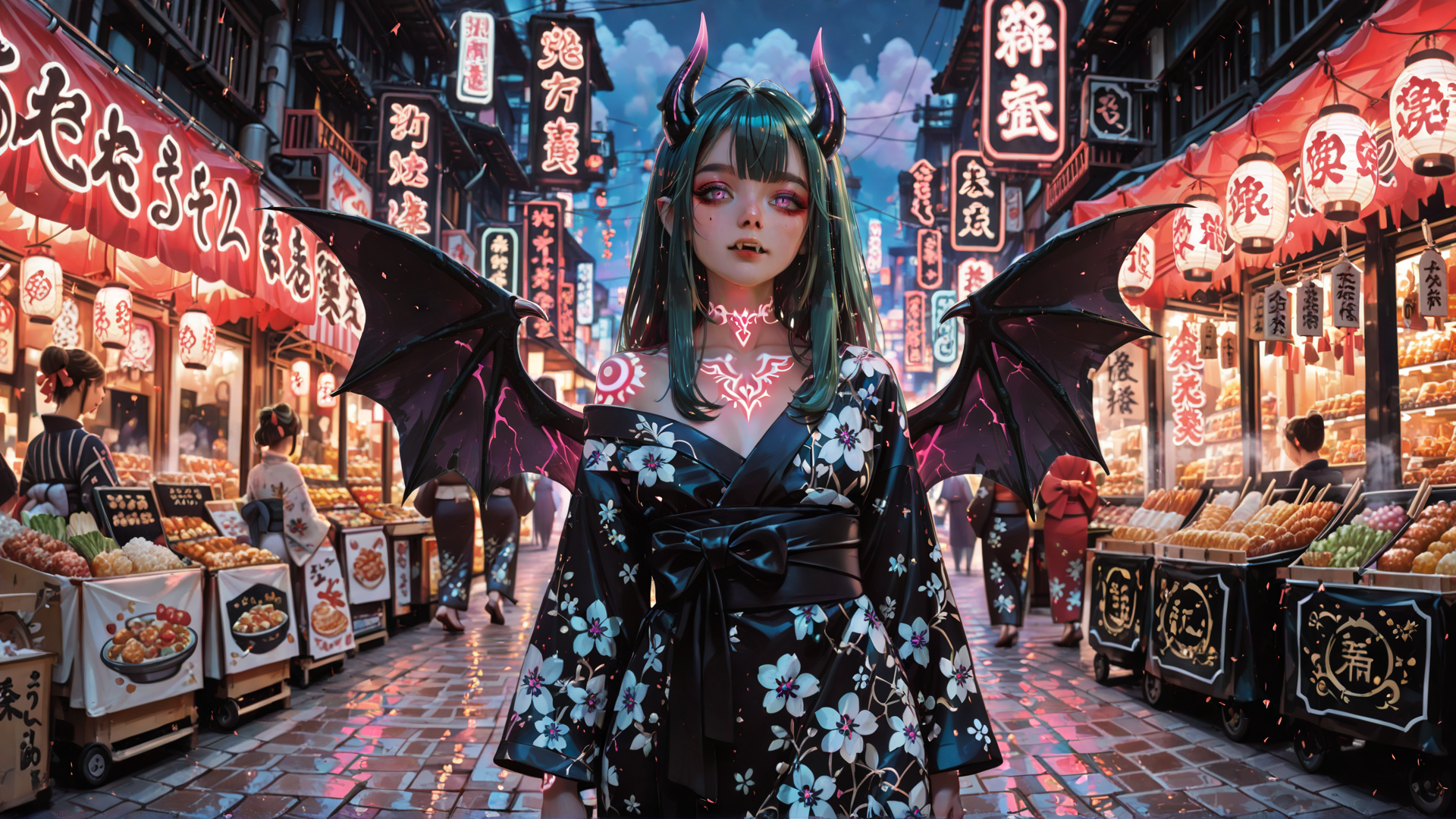 AI generated wallpaper featuring demon, woman, bat wings, kimono, street market, lampion, signboard, butterfly, glowing, sparks